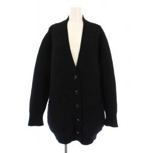 ニットカーディガン 長袖 Vネック ボア リブ 切替 編み込み カシミヤ ウール混 モヘヤ混 36 黒