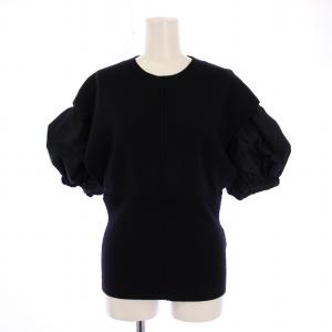 23SS ポプリンコンボパフSLVウールPO ニット 切替 半袖 クルーネック ストレッチ 無地 S 黒
