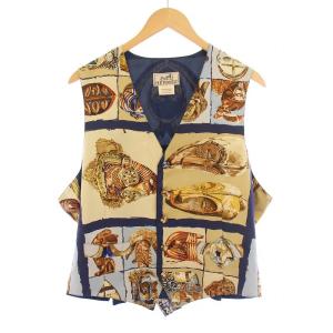 ジレ シルク 総柄 52 ベージュ ネイビー