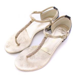 Tストラップサンダル トング ローヒール エナメル 切替 ビーズ ラメ ココマーク 37C 黒 ブラック