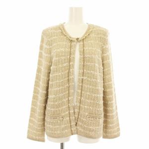 1304065 ニットジャケット ノーカラー カーディガン ボーダー ウール混 13+ ベージュ 白 ホワイト