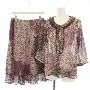 セットアップ 上下 ブラウス 七分袖 スカート ひざ丈 花柄 13+ 紫 茶 /TK