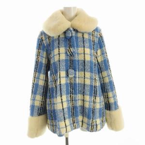チェックツイードショートコート ミドル丈 チェック ファー 0 水色 ライトブルー 13W903 /EE