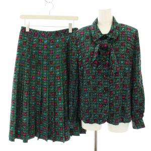 セットアップ 上下 ブラウス カットソー ボウタイ 長袖 スカート ロング プリーツ 総柄 ヴィンテージ