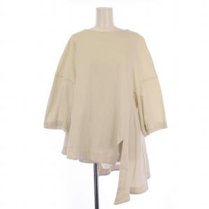 ミラノリブケープTシャツ カットソー アシンメトリー 七分袖 クルーネック ストレッチ 無地 38 ライトベージュ