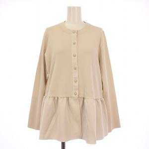 布帛コンビペプラムカーディガン ニット 長袖 クルーネック 切替 フレア ストレッチ 38 ベージュ 10251816130