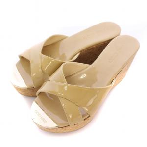 PANDORA サンダル ラウンドトゥ 厚底 エナメル ロゴ 切替 37.5 ベージュ /BB