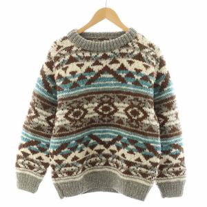 ニット セーター 長袖 ネイティブ柄 ウール L マルチカラー グレー 白 ホワイト 水色 ライトブルー