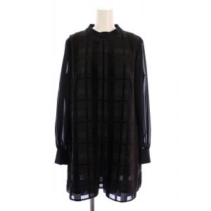 シャツ ブラウス 長袖 スタンドカラー チェック柄 切替 11 紺 /BM