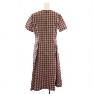 Leilian ワンピース ロング 半袖 クルーネック チェック柄 9 茶 ピンク /BM