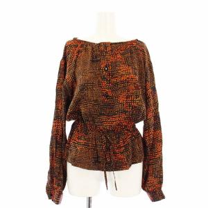 BOUTIQUE ブラウス カットソー プルオーバー 長袖 総柄 シルク 黒 ブラック オレンジ /KU