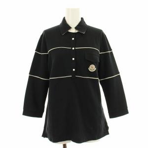 ポロシャツカットソー 鹿の子 七分袖 ボーダー ワッペン ロゴ刺繍 M 黒 ブラック 白 ホワイト /KU