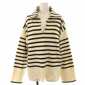 コットンポリエステルパネルボーダースキッパーカラープルオーバー ニット セーター 長袖 S アイボリー