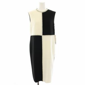 配色ビジューラインワンピース ひざ丈 ノースリーブ バイカラー タグ付き 38 黒 ブラック 白 ホワイト