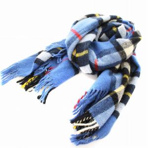 マフラー ストール  大判 フリンジ チェック ウール 青 ブルー 白 ホワイト 黄 イエロー /KU