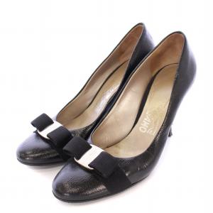 ヴァラリボン パンプス ラウンドトゥ ハイヒール レザー 7 黒 ブラック /BB