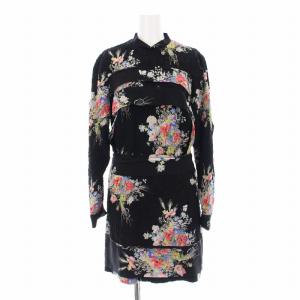 ワンピース ひざ丈 長袖 花柄 シワ加工 ベルト シルク 40 黒 ブラック マルチカラー C16IN2S0H435737