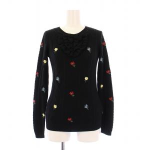 ニット セーター 長袖 クルーネック フリル 花柄 刺繍 薄手 ウール XS 黒 ブラック /BB