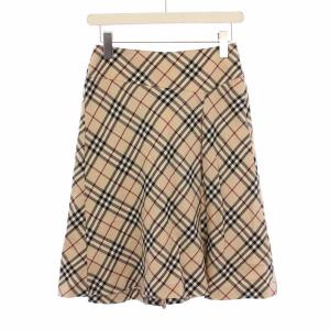 BLUE LABEL フレアスカート タック ひざ丈 ノバチェック ウール 36 ベージュ /BB