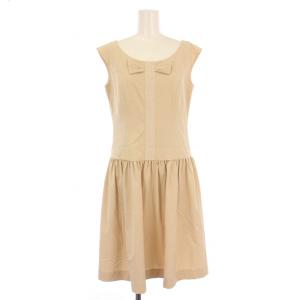 フレアワンピース ギャザー ひざ丈 ノースリーブ クルーネック リボン ストレッチ 36 ベージュ /BB