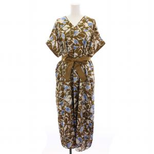 23SS Vネック ワンピース ロング 総柄 半袖 S 茶 白 青 /YM