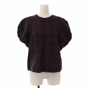 23SS コットンリネンハードツイスト パフスリーブブラウス チェック 36 茶 ブラウン 12013201503