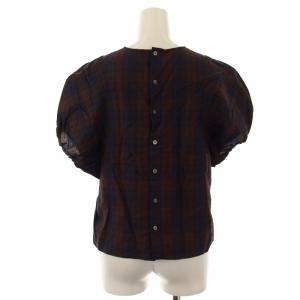 MACPHEE 23SS コットンリネンハードツイスト パフスリーブブラウス チェック 36 茶 ブラウン 12013201503