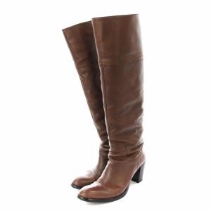 ロングブーツ レザー チャンキーヒール サイドジップ 38 25cm 茶 ブラウン /KU