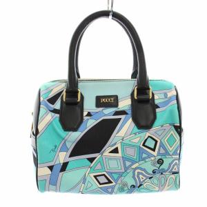 ハンドバッグ キャンバス レザー 麻 リネン混 総柄 水色 ライトブルー 黒 ブラック 41BC74 /YT