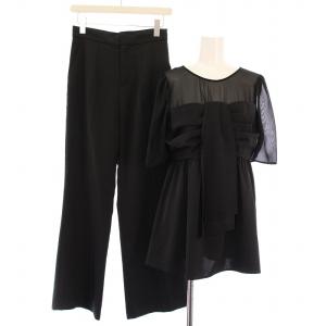 前リボンパンツセットアップ シャツ ブラウス シアー シースルー 半袖 フレアパンツ スラックス ジップフライ