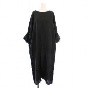 23SS リネンキャンディスリーブワンピース ミモレ ロング 七分袖 無地 M 黒 ブラック DR35-26E104