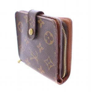 LOUIS VUITTON モノグラム コンパクトジップ 二つ折り財布 ウォレット ロゴ 総柄 キャンバス レザー 茶 ブラウン /BB