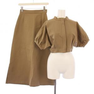 セットアップ カーディガン 半袖 ショート丈 フレアスカート マキシ ロング 無地 ストレッチ S ベージュ