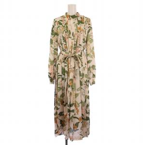 フラワープリントシフォンワンピース フレア ミモレ ロング スタンドカラー 長袖 花柄 総柄 ベルト 38