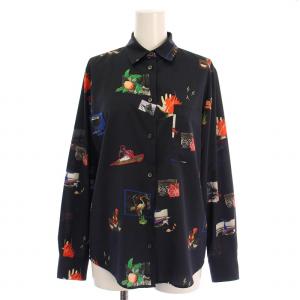 シャツ ブラウス 長袖 レギュラーカラー 総柄 38 紺 ネイビー /BB