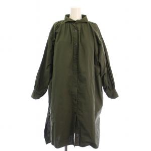 ウェーブカラーシャツワンピース ミモレ ロング 長袖 無地 S カーキ /BB