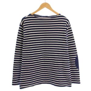 バスクシャツ カットソー 長袖 ボートネック ボーダー柄 パッチワーク 紺 ネイビー /BB