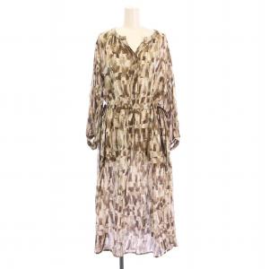 フレアワンピース ミモレ ロング 長袖 スキッパー 総柄 シルク混 38 茶 ブラウン /BB