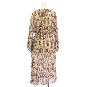 MORABITO フレアワンピース ミモレ ロング 長袖 スキッパー 総柄 シルク混 38 茶 ブラウン /BB