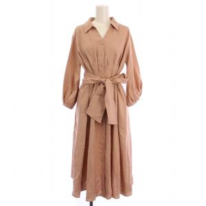 スラブツイルタックフレアワンピース ベルト付き ミモレ ロング スキッパー 長袖 ペチコート付き 34