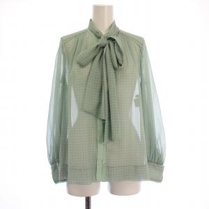 サークルローププリントボウタイシャツ ブラウス 長袖 リボン シアー シースルー 総柄 インナーキャミソール付き