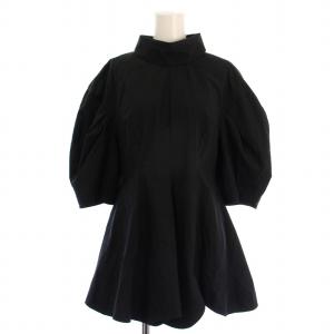 WashedタイプライターオフネックペプラムPO シャツ ブラウス 七分袖 無地 38 黒 ブラック 300GS230-1800