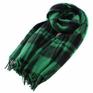 大判ストール マフラー フリンジ ブロックチェック アンゴラ混 緑 グリーン 黒 ブラック /YT
