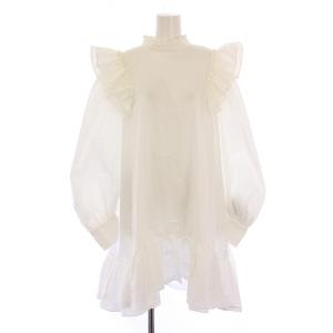 シャツワンピース ブラウス ひざ丈 フリル 長袖 スタンドカラー ストレッチ F 白 ホワイト タグ付き