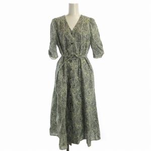 LIBERTY パフスリーブワンピース マキシ ロング ペイズリー柄 ベルト付き 半袖 緑 グリーン 白