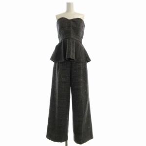 セットアップ チェックビスチェ ベアトップ イージーパンツ スパンコール装飾 38 グレー 赤 レッド