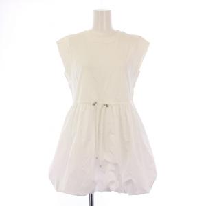 ドロストカットトップス カットソー ノースリーブ クルーネック 無地 ストレッチ ギャザー F 白 ホワイト