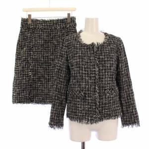 セットアップ ノーカラージャケット アウター 総裏地 ジップアップ タイトスカート ひざ丈 ツイード ウール混