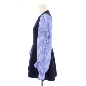 CELFORD プリーツディティールニットプルオーバー 長袖 クルーネック ストレッチ 袖ストライプ柄 フリル 切替 38