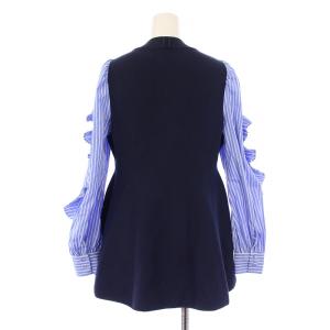 CELFORD プリーツディティールニットプルオーバー 長袖 クルーネック ストレッチ 袖ストライプ柄 フリル 切替 38